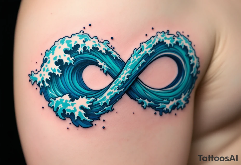 An infinity symbol composed of ocean waves, with vibrant deep blue and turquoise tones, evoking the power of nature. tattoo idea