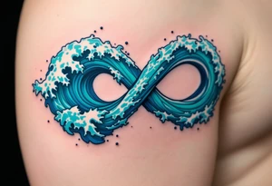 An infinity symbol composed of ocean waves, with vibrant deep blue and turquoise tones, evoking the power of nature. tattoo idea