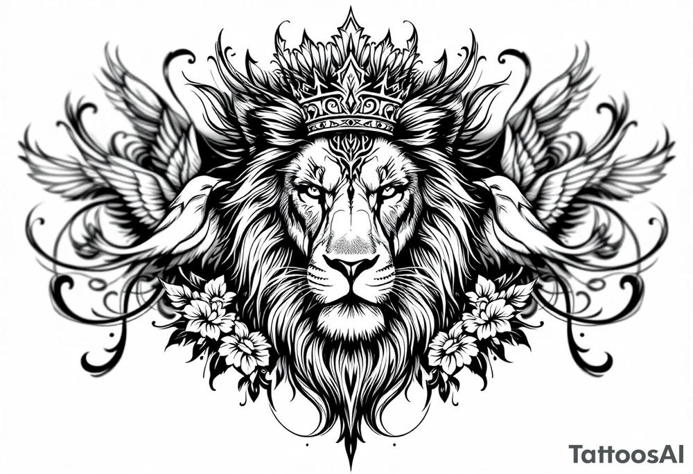 powerful majestic lion with a crown, surrounded by floral ornaments and birds tattoo idea