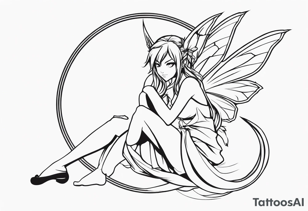 No color sketch of a fairy with a tail inspired by the guild symbol in the anime show called Fairy Tail in a fetal position leaning in and forward while crawled in tattoo idea