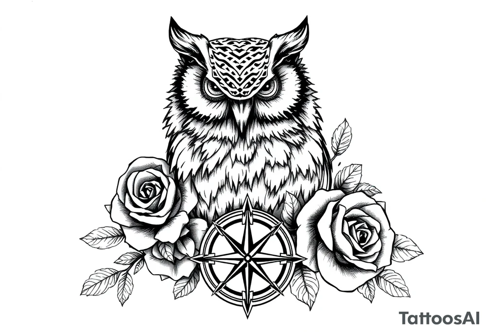 an owl,roses,compass. tattoo idea