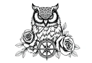 an owl,roses,compass. tattoo idea