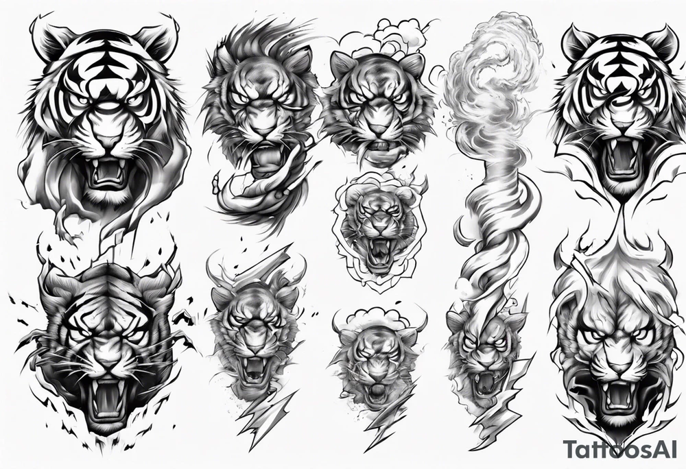 A thunder god tiger forearm tattoo, with lightning and clouds filling the area tattoo idea