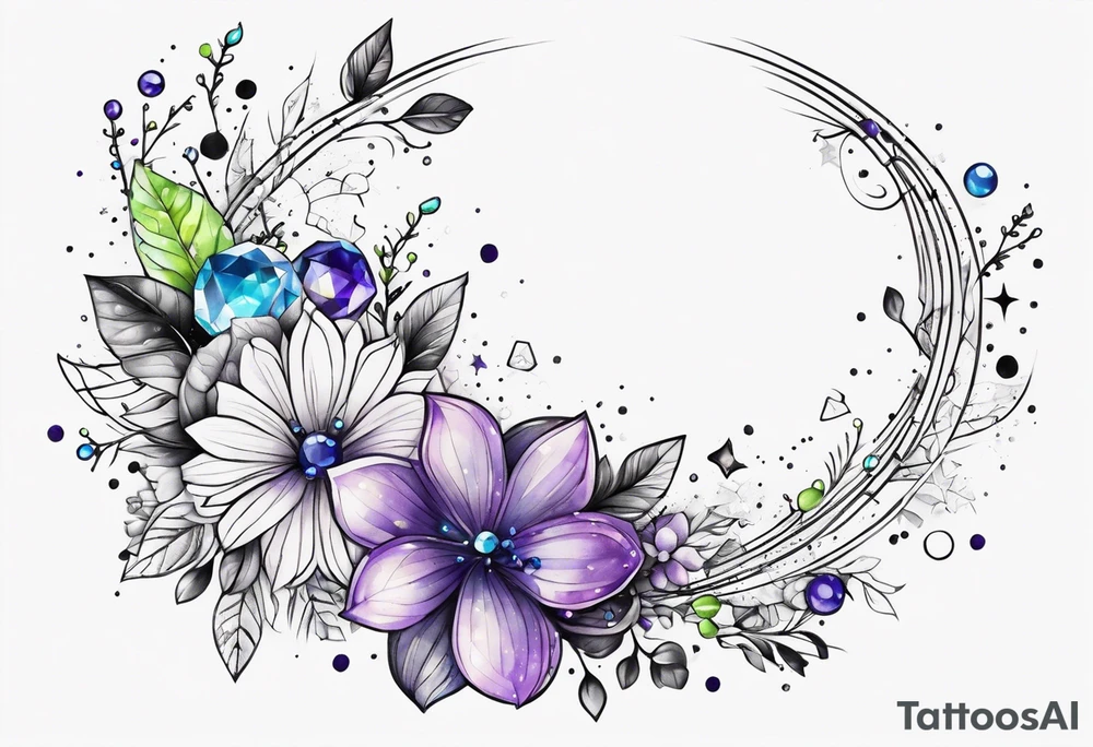Delicate but strong garter tattoo band with sprinkles of stars and the amethyst, blue sapphire and peridot birthstones tattoo idea