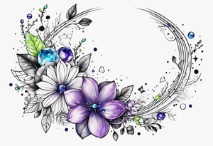 Delicate but strong garter tattoo band with sprinkles of stars and the amethyst, blue sapphire and peridot birthstones tattoo idea