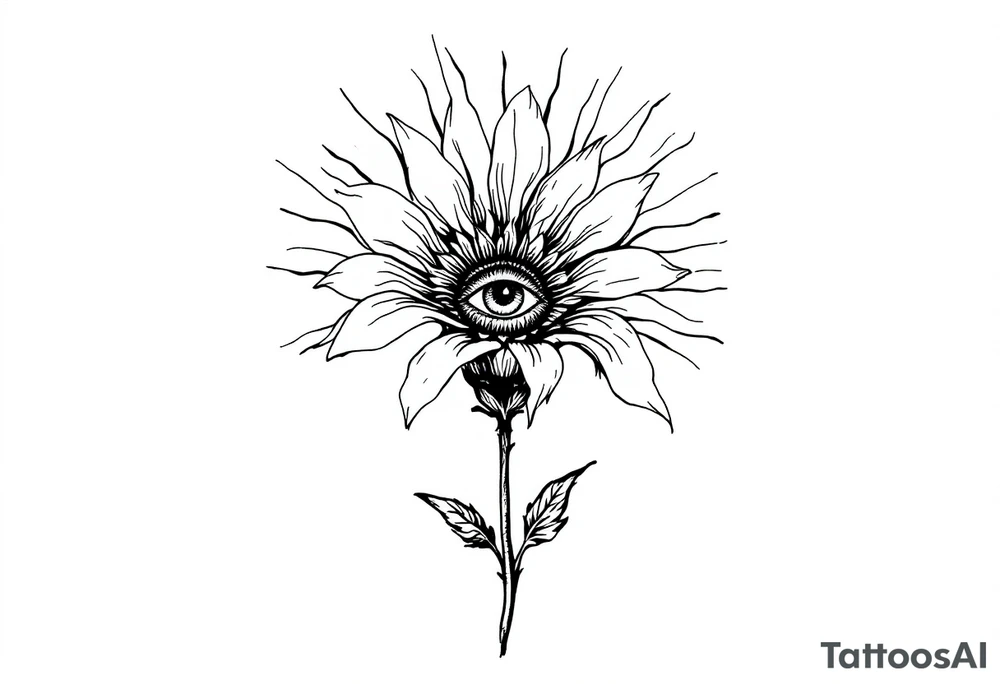 A long flower with stalk and with the centre being an eye and around the petals having black sunrays tattoo idea