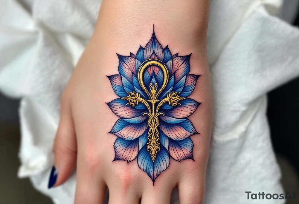 A golden Ankh symbolizing eternal life, wrapped in deep blue lotus petals tattoo idea