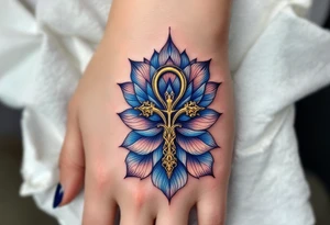 A golden Ankh symbolizing eternal life, wrapped in deep blue lotus petals tattoo idea