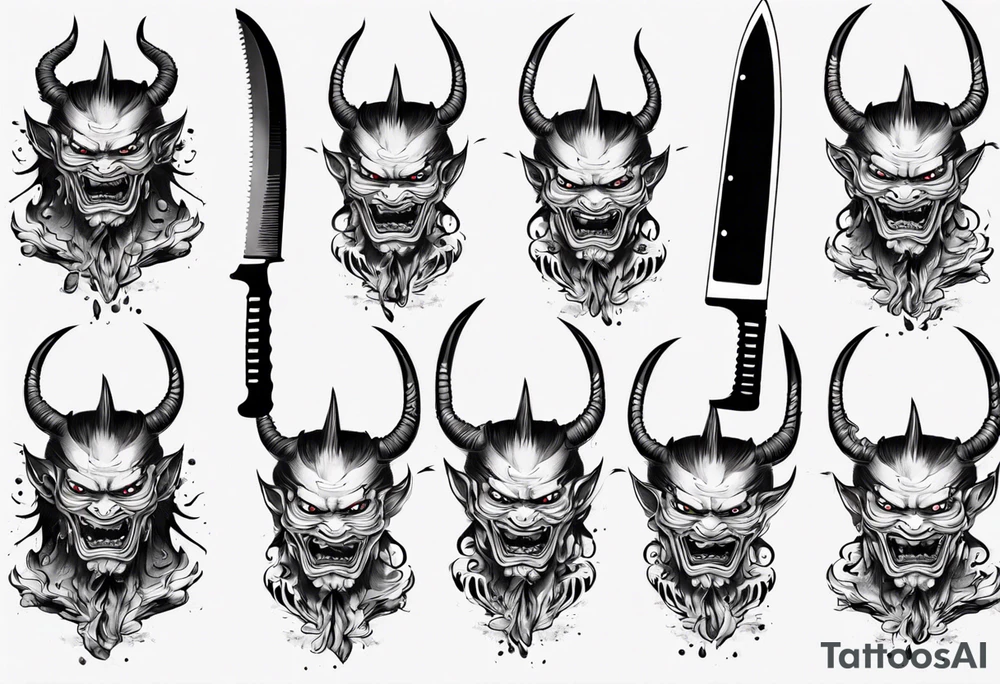 Japanese demon coming out of a knife blade tattoo idea