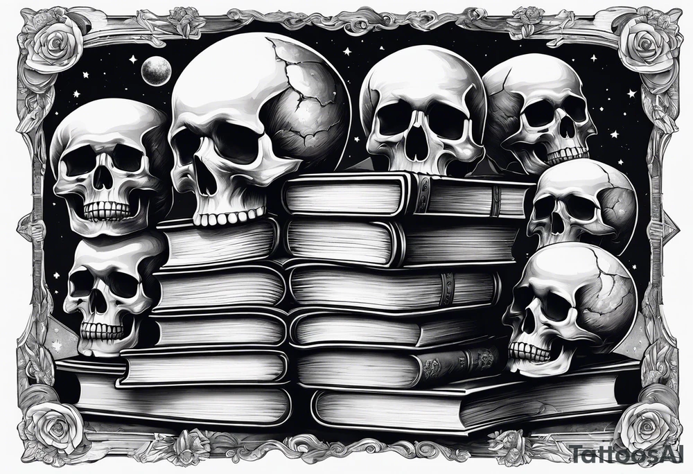 book stacks with skulls and outer space tattoo idea