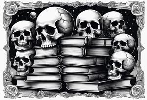 book stacks with skulls and outer space tattoo idea