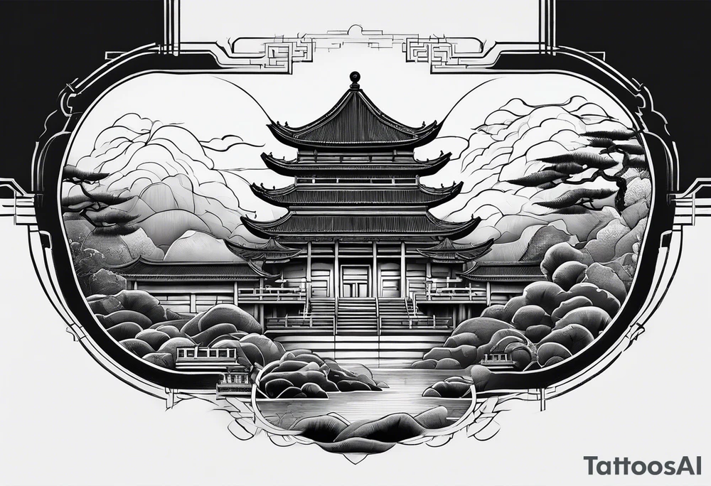Chinesischer see mit der Mauer im hintergrund und verschiedenen Tieren tattoo idea