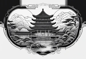 Chinesischer see mit der Mauer im hintergrund und verschiedenen Tieren tattoo idea