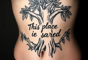 Hand written writing that says This place is sacred written on the trunk of a breadfruit tree tattoo idea