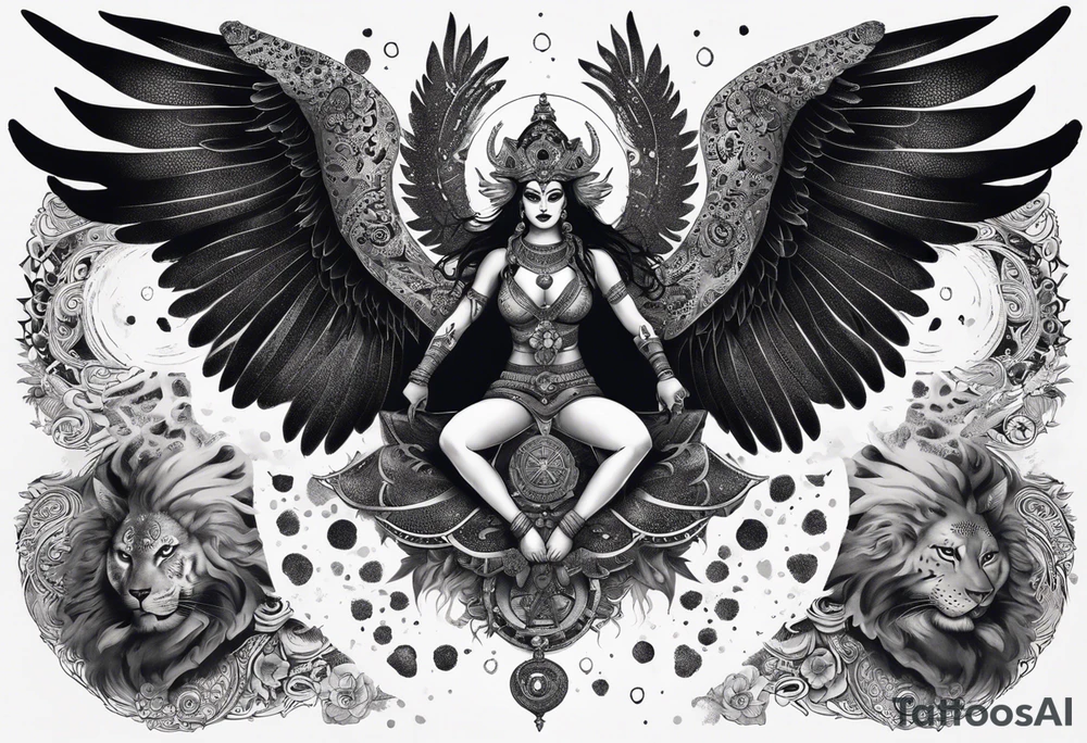 black kali, goddess pirate, alien, angel, pachamama, valkrye, warrior, flying, skull, lotus azul, wing, eagle, zenza resonance, stars, 5D, anahata chakra, death, durga, riding on a tiger, flying lady, kundalini, chest tatoo, samuri, rebel, serpent tattoo idea