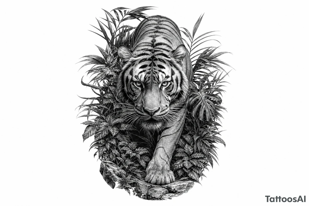 Tiger emerging from dense jungle foliage, low angle shot, hyperrealism. tattoo idea