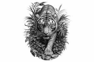 Tiger emerging from dense jungle foliage, low angle shot, hyperrealism. tattoo idea