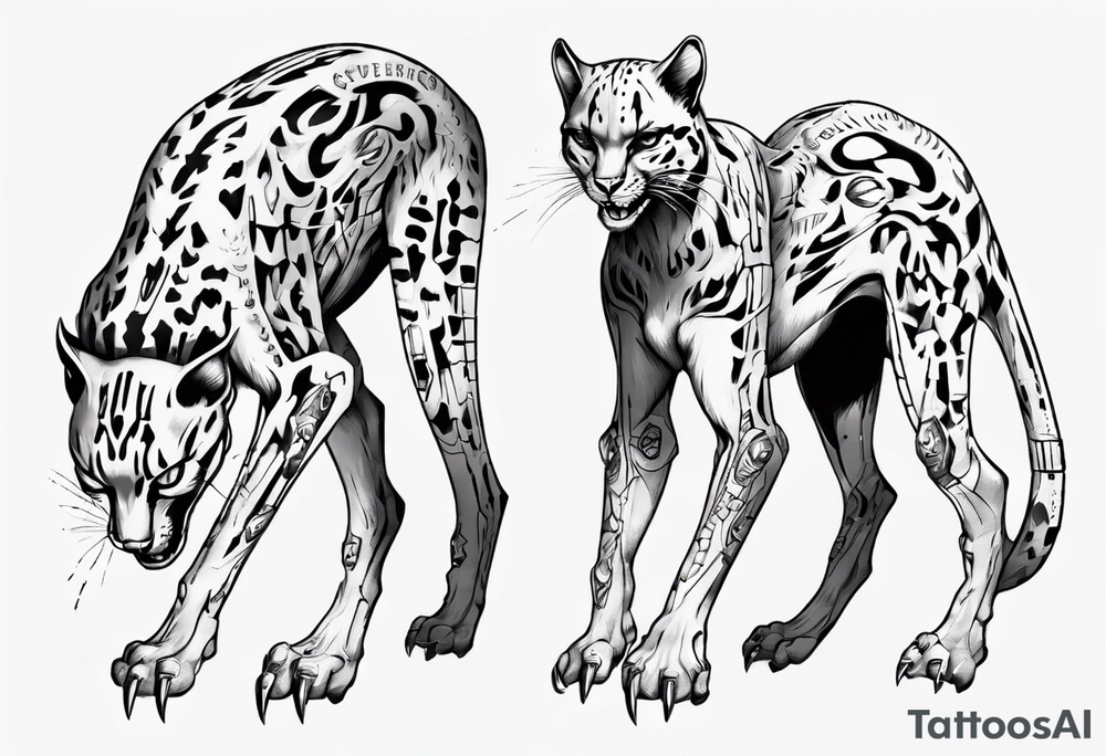 cybernetic ocelot full body teeth showing tattoo idea