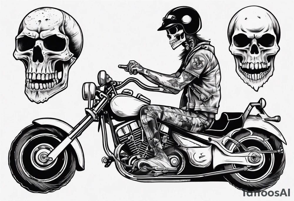 Skull riding motorcycle along the beach tattoo idea