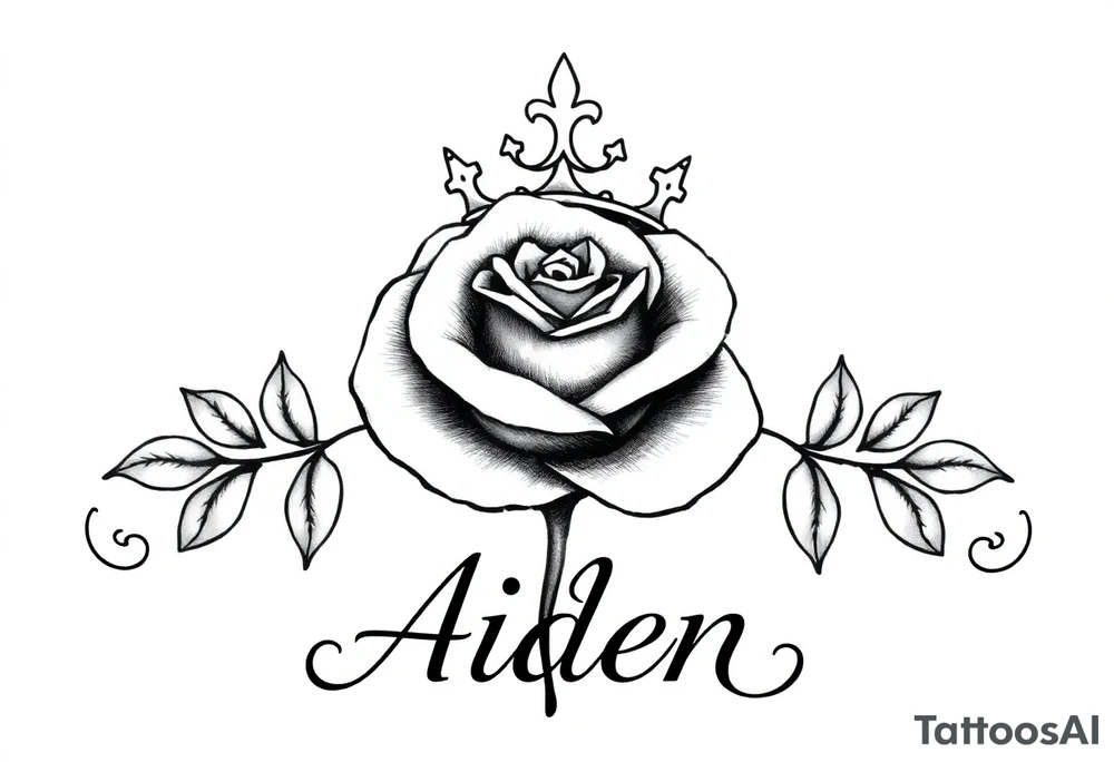 A Rose with a kings crown on it the name Aiden Infront of it bold tattoo idea