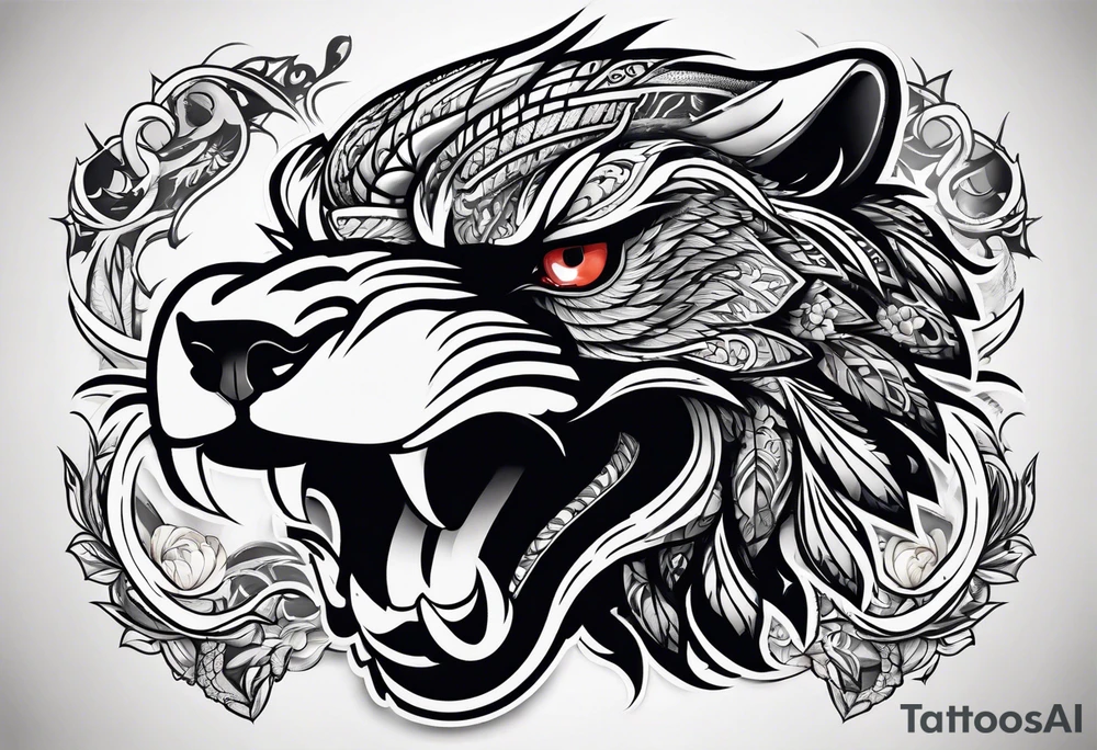 Eagle, Tasmanian devil, black swirl filler, snake, leg sleeve tattoo idea