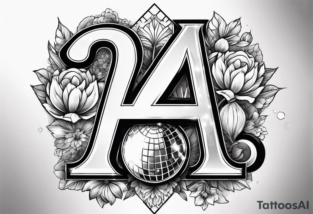 Illuminated letter A With disco ball theme. Disco ball inside the A and like flower in the background tattoo idea