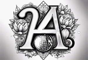 Illuminated letter A With disco ball theme. Disco ball inside the A and like flower in the background tattoo idea