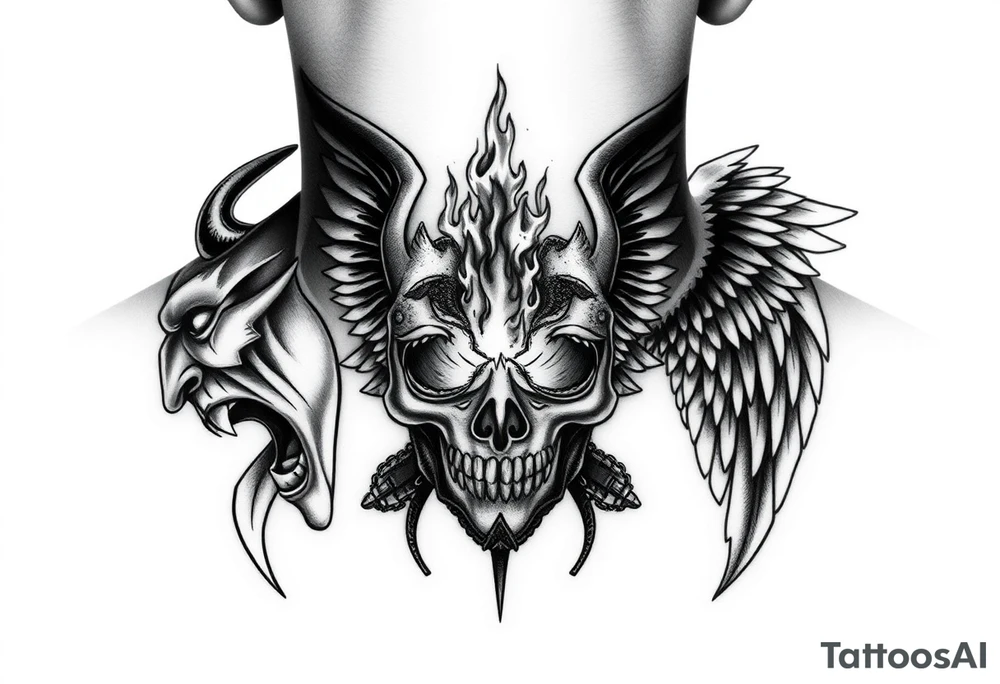 Realistic neck tattoo design. On one side, near one ear, a screaming demon facing inward. On the other side, near the other ear, a screaming angel facing the demon. Between them, in the center of the front neck, a cracked ancient mask with fire and light emerging from inside, symbolizing inner conflict and balance between good and evil. Highly detailed black and grey style, fine line shading, symmetrical, intense emotion, realistic texture. tattoo idea