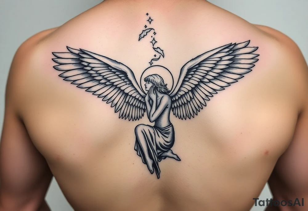 Dante Mikha'el fallen angel on her knees looking sky while her wings are falling tattoo idea