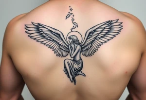 Dante Mikha'el fallen angel on her knees looking sky while her wings are falling tattoo idea