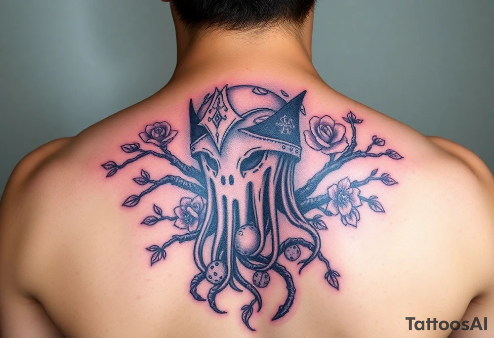 squid knight helmet combined with tree roots, cherry blossoms and roses rolling dice tattoo idea
