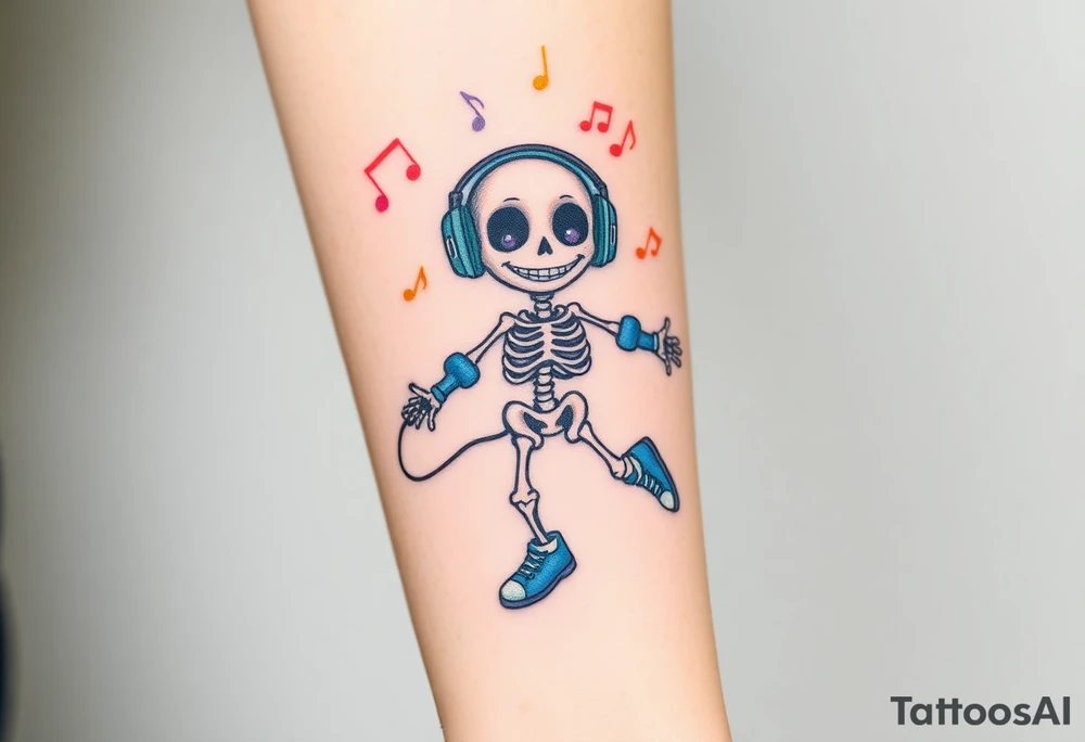 Cute smiley skeleton with dreamy eyes in his eyes jumping on a jump rope with blue headphones blue armbands blue sneakers and colorful  music notes around his head tattoo idea