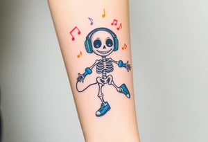 Cute smiley skeleton with dreamy eyes in his eyes jumping on a jump rope with blue headphones blue armbands blue sneakers and colorful  music notes around his head tattoo idea