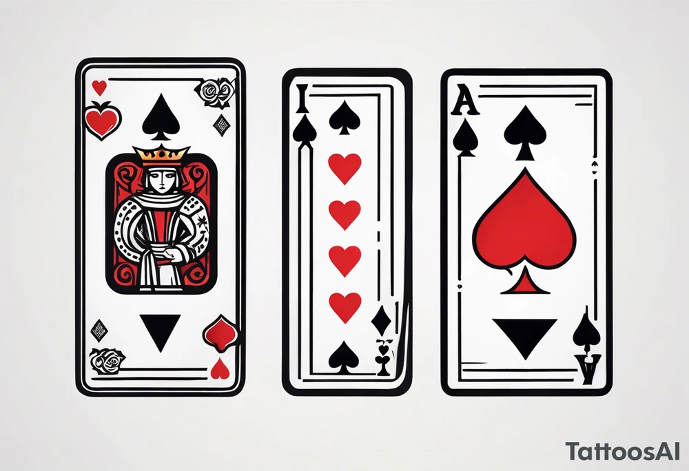 one combined tatto in minimalistic style with icon style three king of spades and icon style one queen of hearts. extreme minimalstic and few lines. much more minimlastic and fewer lines tattoo idea