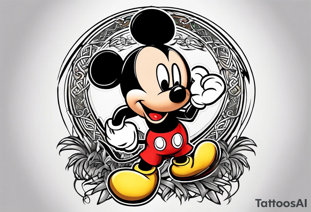 mickey mouse in mortal combat style with palm trees and the celtic symbol for family tattoo idea