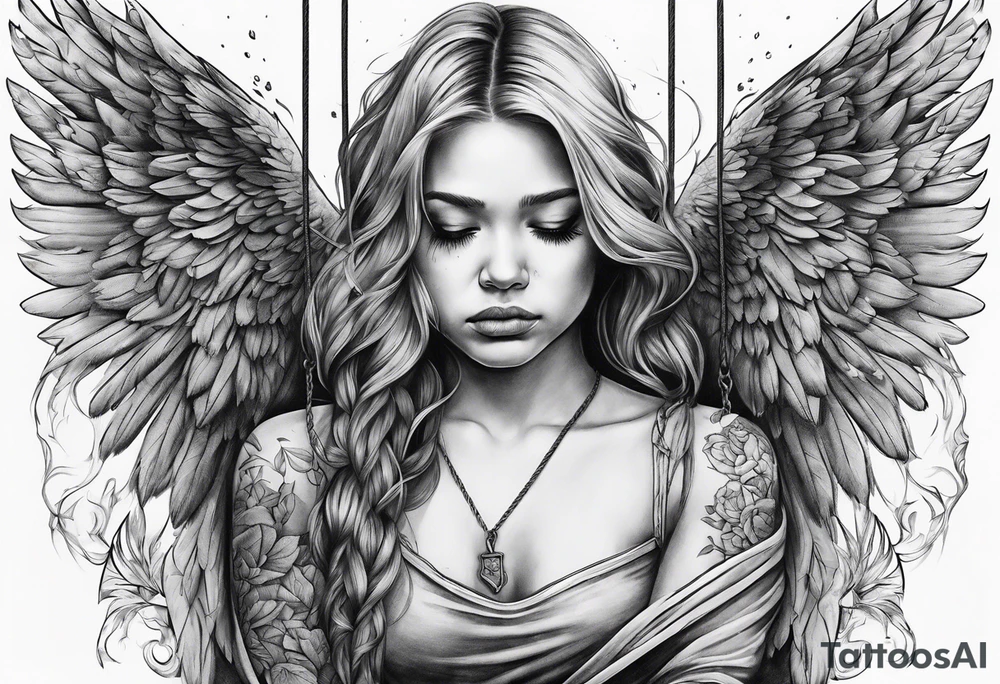 crying broken angel on swing tattoo idea