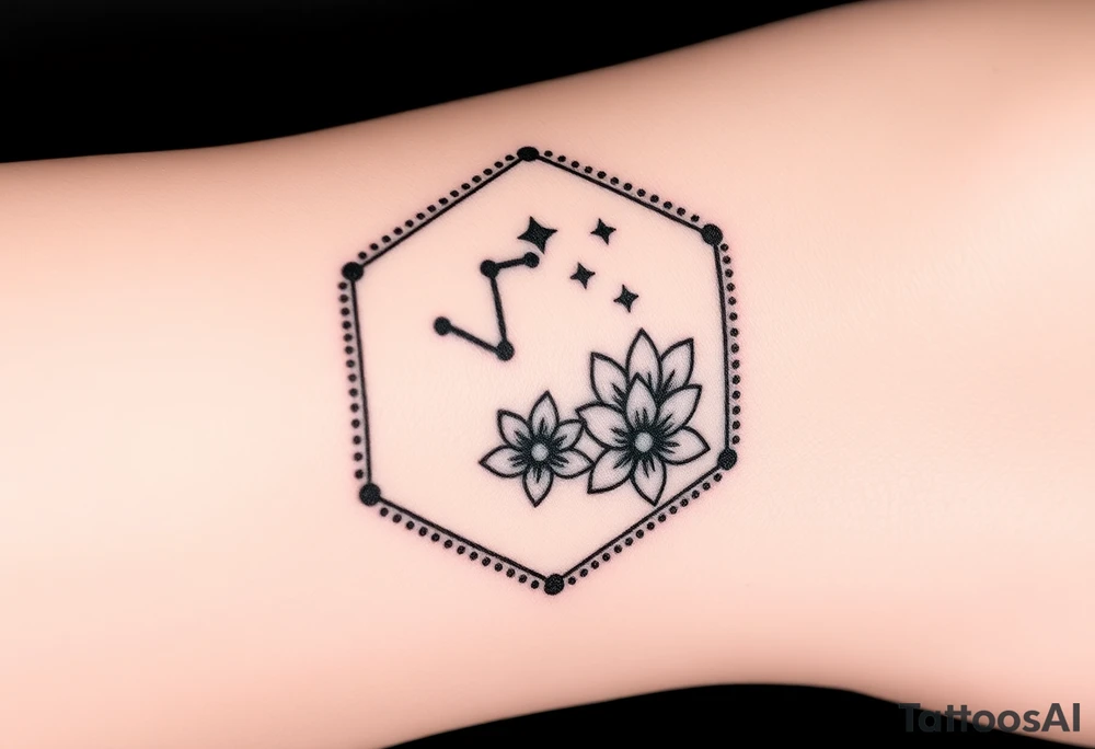 Hexagon with a Leo constellation, larkspur and water lilies in the center tattoo idea