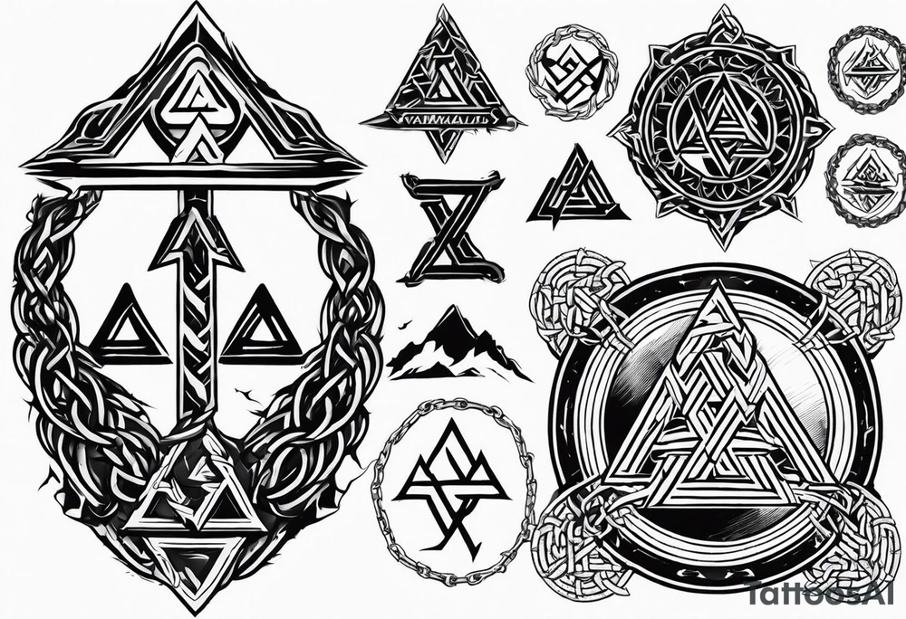 Valhalla sword shield axe barbed wire chains valknut fire tattoo idea Valhalla sword shield axe barbed wire chains valknut fire tattoo idea