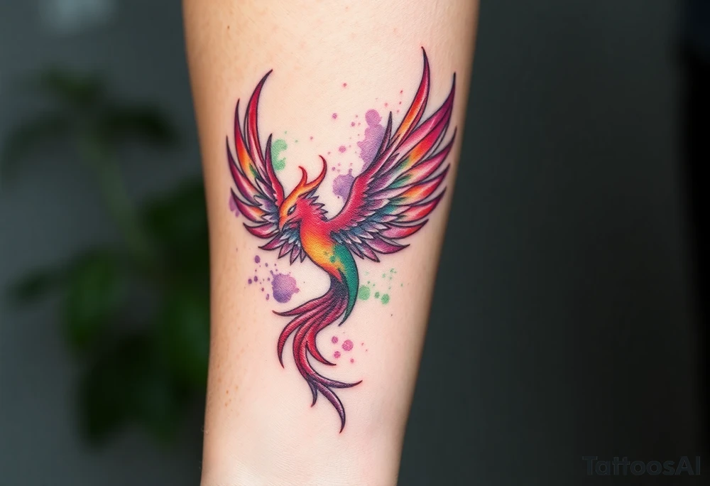 Phoenix with blazing flames with purple and green splashes tattoo idea