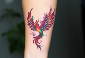 Phoenix with blazing flames with purple and green splashes tattoo idea