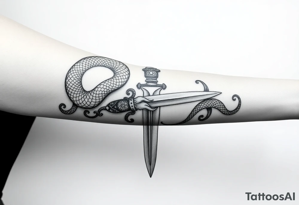 mystical snake coiled around an ancient dagger with jeweled hilt tattoo idea