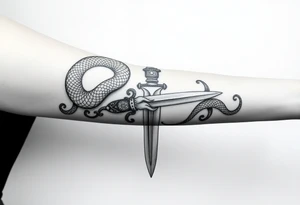 mystical snake coiled around an ancient dagger with jeweled hilt tattoo idea