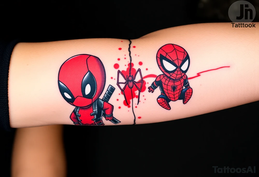 Project: Upper Arm Half-Sleeve Tattoo (Chibi Marvel Duo)
Placement: Upper Arm (Shoulder cap down to just above the elbow)
Reference Images: Chibi Deadpool (Image 1) and Chibi Spider-Man (Image 2)
Design Request & Layout:
* Please stack the characters dynamically to fit my upper arm. I'd like Deadpool positioned near the top/shoulder cap, and Spider-Man sitting near the bottom/above the elbow.
* Use the dangling spider and its web thread, along with loose, energetic construction lines, to transition between the two characters and wrap the design around the arm.
Art & Color Style:
* Linework: Please harmonize both characters into a singular, unified style—blending Deadpool's clean comic ink lines with Spider-Man's raw, cross-hatched sketchbook aesthetic.
* Color: The base of the tattoo should be gritty black-and-grey sketch shading. However, I want vibrant pops of red on their suits.
* The Splatter Effect: Instead of keeping the red cleanly inside the lines, please style the red color as a loose, dynamic watercolor/ink splatter effect that bursts out past their outlines and fades into the negative skin space. tattoo idea