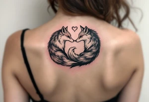 A black and white yin-yang formed by curled foxes on both partners shoulder blade. tattoo idea
