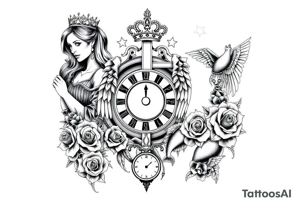 Roulette casino and princess and jesus on cross, baby angels, roses and clock and stars and fish, crown tattoo idea