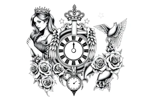 Roulette casino and princess and jesus on cross, baby angels, roses and clock and stars and fish, crown tattoo idea