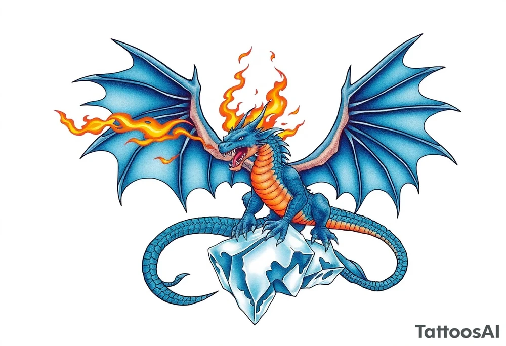 Blue fire breathing dragon with wings spread flying over ice tattoo idea