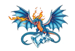 Blue fire breathing dragon with wings spread flying over ice tattoo idea