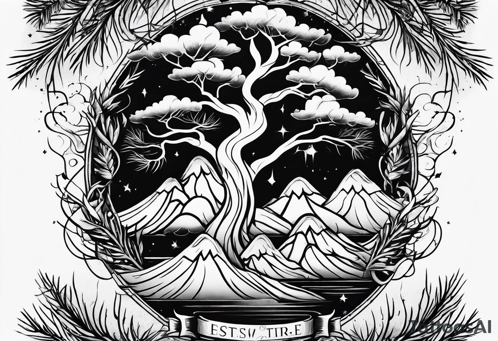 Flame and pine tree tattoo idea