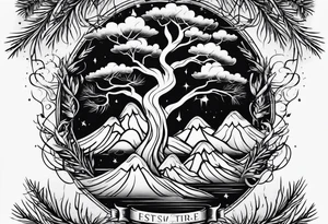 Flame and pine tree tattoo idea